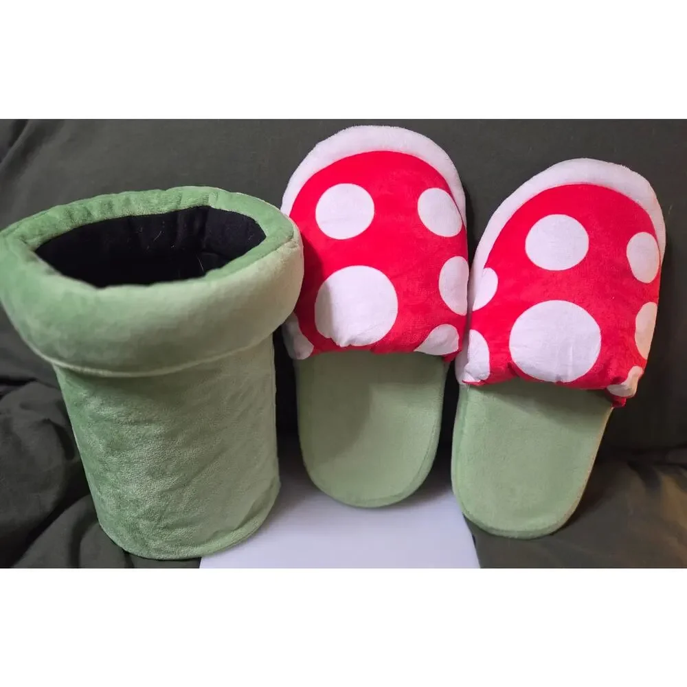 Super Mario Piranha Plant Plush Slippers Warp Pipe Set Preowned